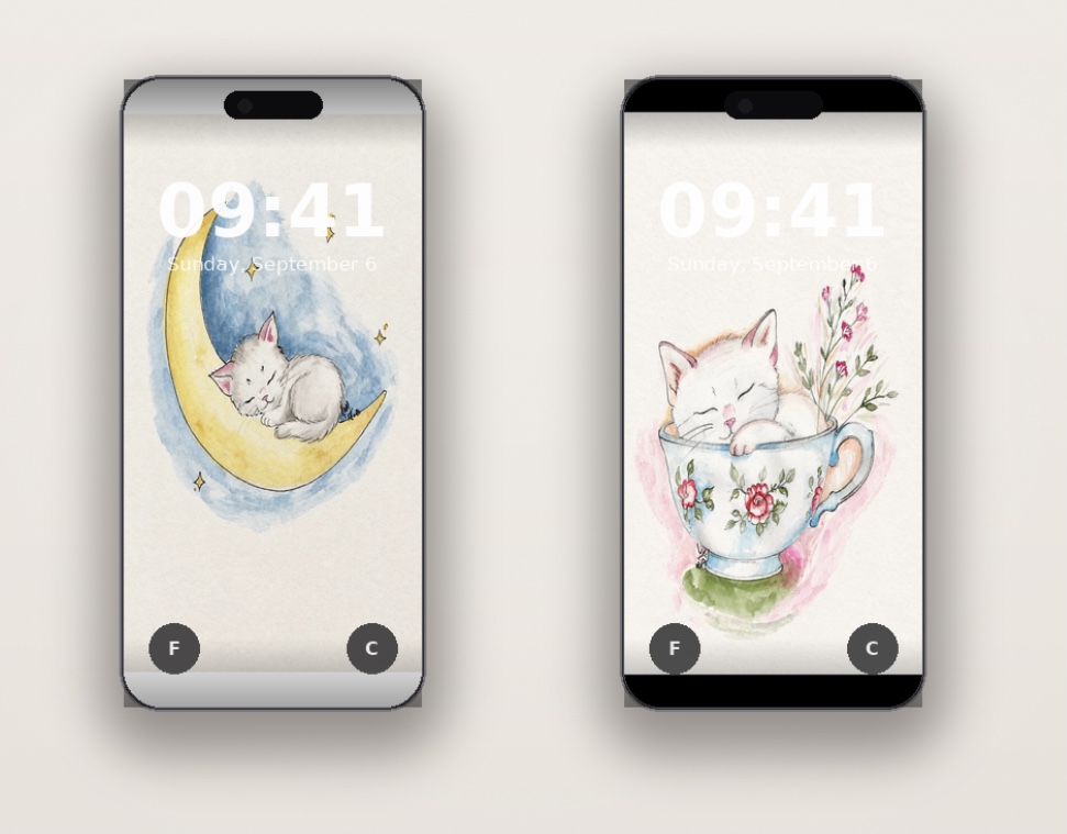 مجموعه 3 والپیپر موبایل نقاشی آبرنگ اورجینال - طرح گربه های فانتزی